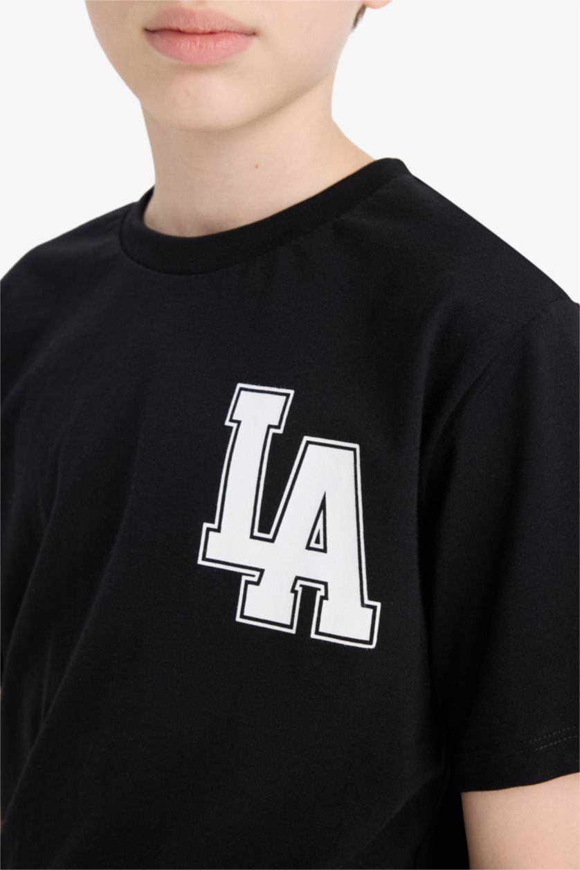 Erkek Çocuk - Genç Erkek Siyah Bisiklet Yaka Baskılı Kısa Kollu Tişört Erkek Çocuk