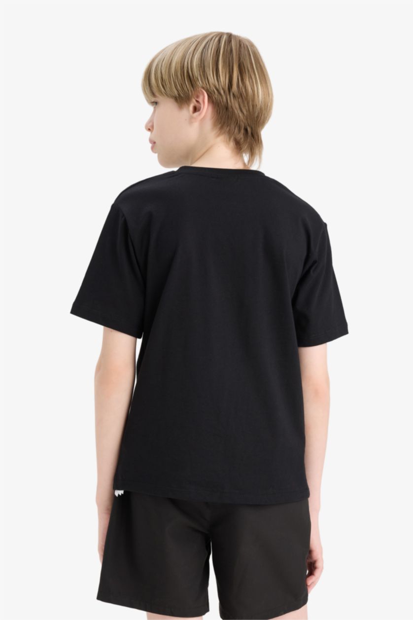 Erkek Çocuk - Genç Erkek Siyah Bisiklet Yaka Baskılı Kısa Kollu Tişört Erkek Çocuk