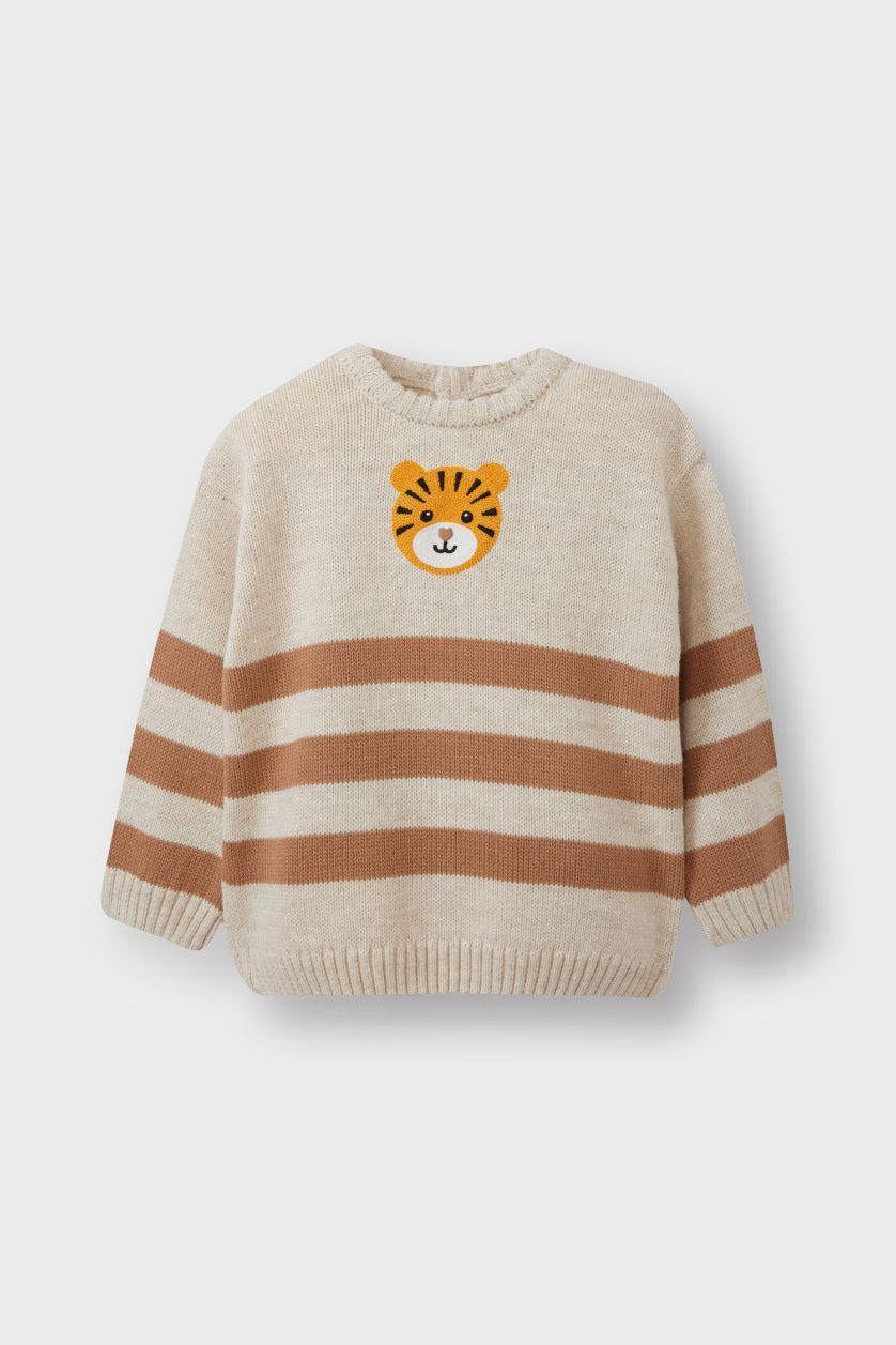 Erkek Bebek Açık Taş Bisiklet Yaka Kaplan Baskılı Çizgili Triko Kazak Erkek Bebek