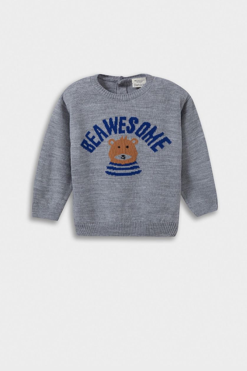 BABY BOY Light Grey Baby Boy Crew Neck Bear Print Pullover