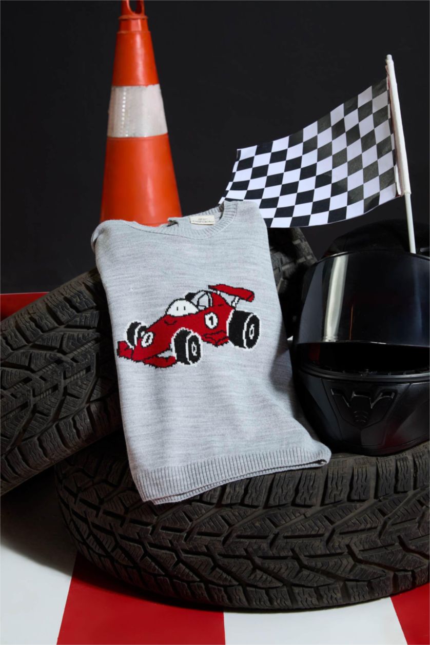 Erkek Bebek Gri Bisiklet Yaka Araba Baskılı Triko Kazak Erkek Bebek