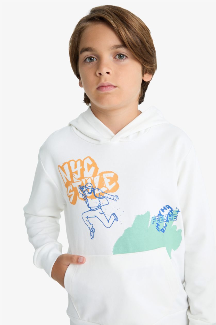 Erkek Çocuk - Genç Erkek Kırık Beyaz 2'li Takım Baskılı Kapüşonlu Sweatshirt Eşofman Altı Erkek Çocuk