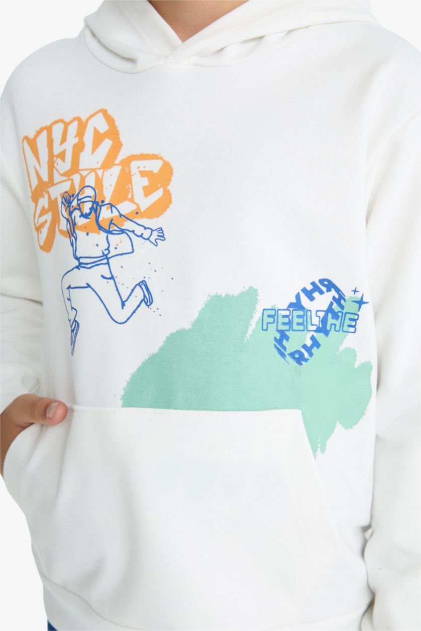 Erkek Çocuk - Genç Erkek Kırık Beyaz 2'li Takım Baskılı Kapüşonlu Sweatshirt Eşofman Altı Erkek Çocuk