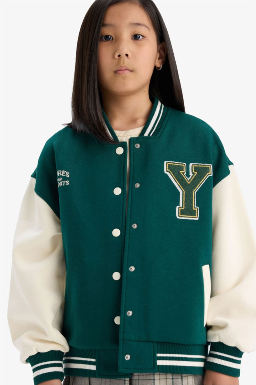 Girls & Teens Green Girl College Printed College Collar Thick Fabric Bomber Jacket
