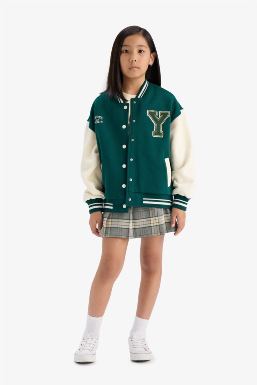 Girls & Teens Green Girl College Printed College Collar Thick Fabric Bomber Jacket