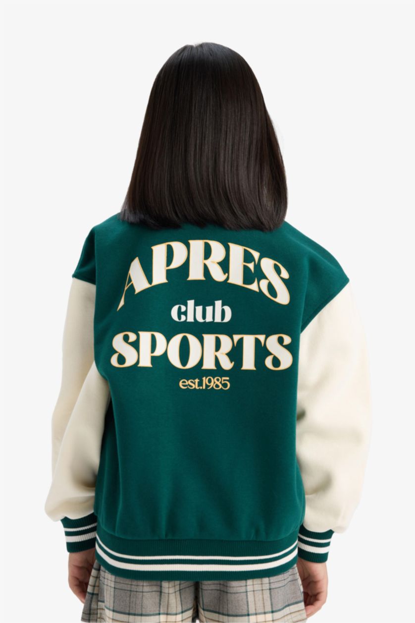 Girls & Teens Green Girl College Printed College Collar Thick Fabric Bomber Jacket