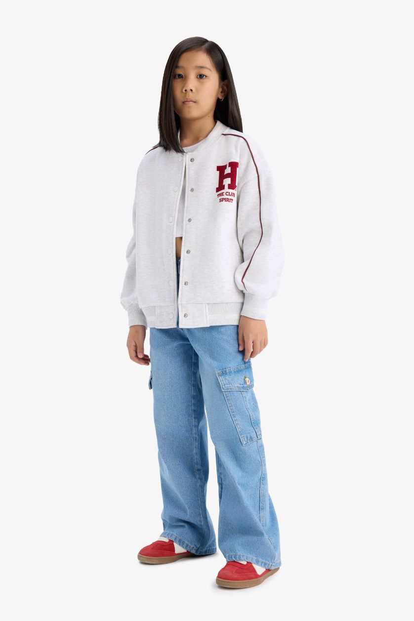 Girls & Teens Light Grey Melange Girl University Printed Thick Fabric Sweatshirt