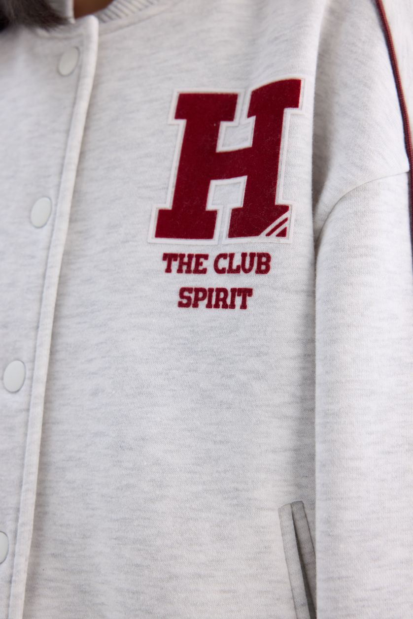 Girls & Teens Light Grey Melange Girl University Printed Thick Fabric Sweatshirt