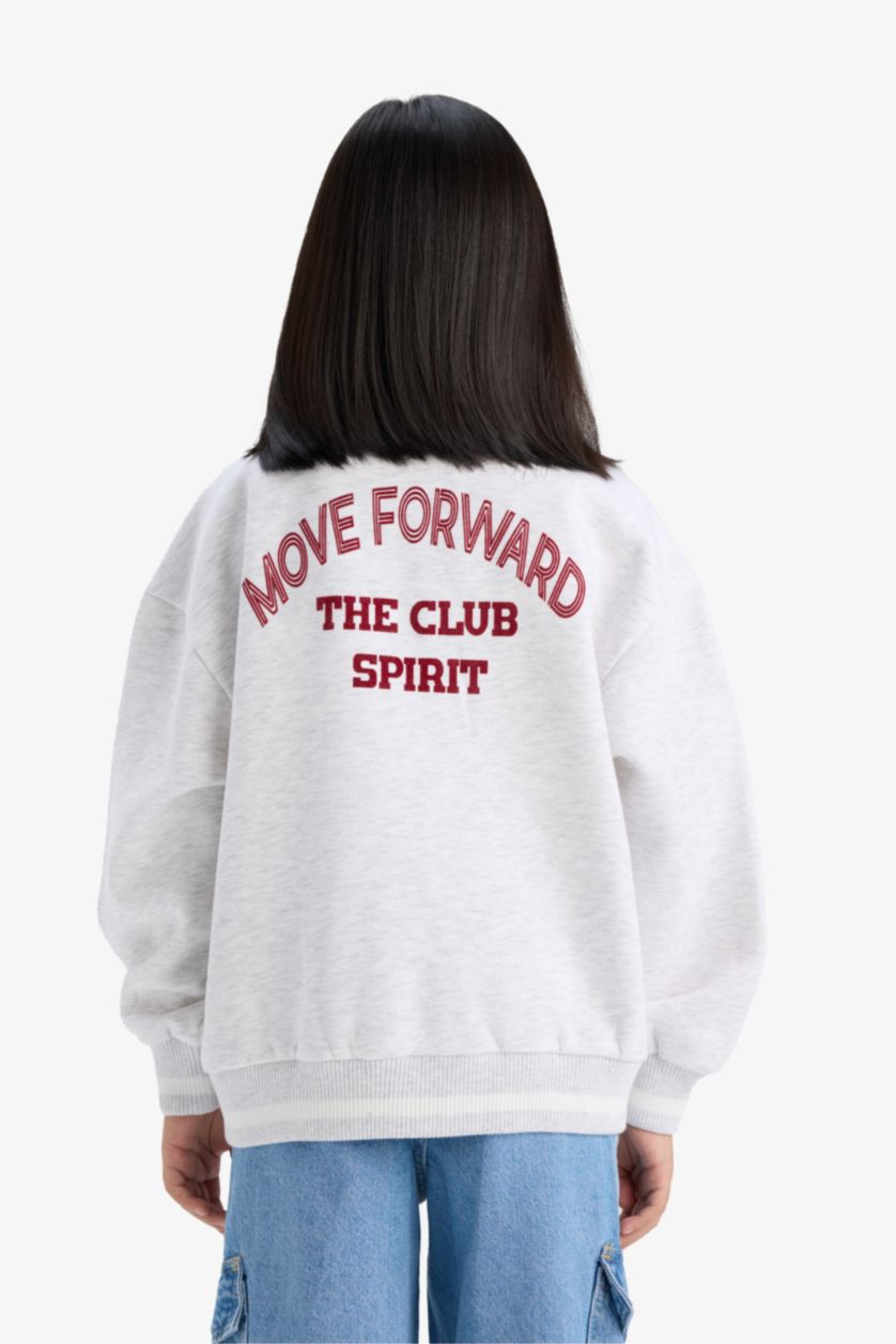 Girls & Teens Light Grey Melange Girl University Printed Thick Fabric Sweatshirt