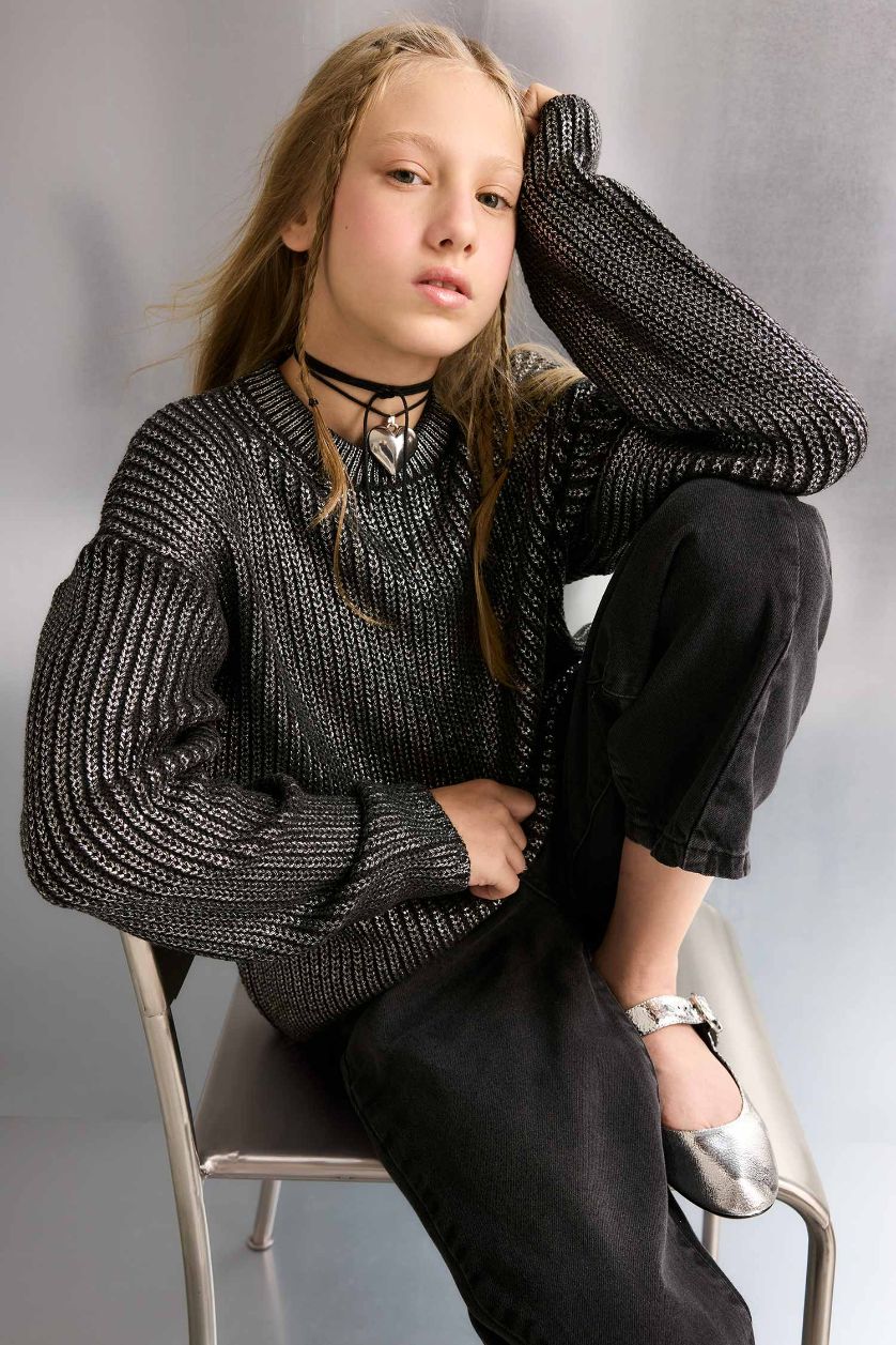 بنات رمادي بلوز صوف بناتي قصة عادية بياخة مستديرة