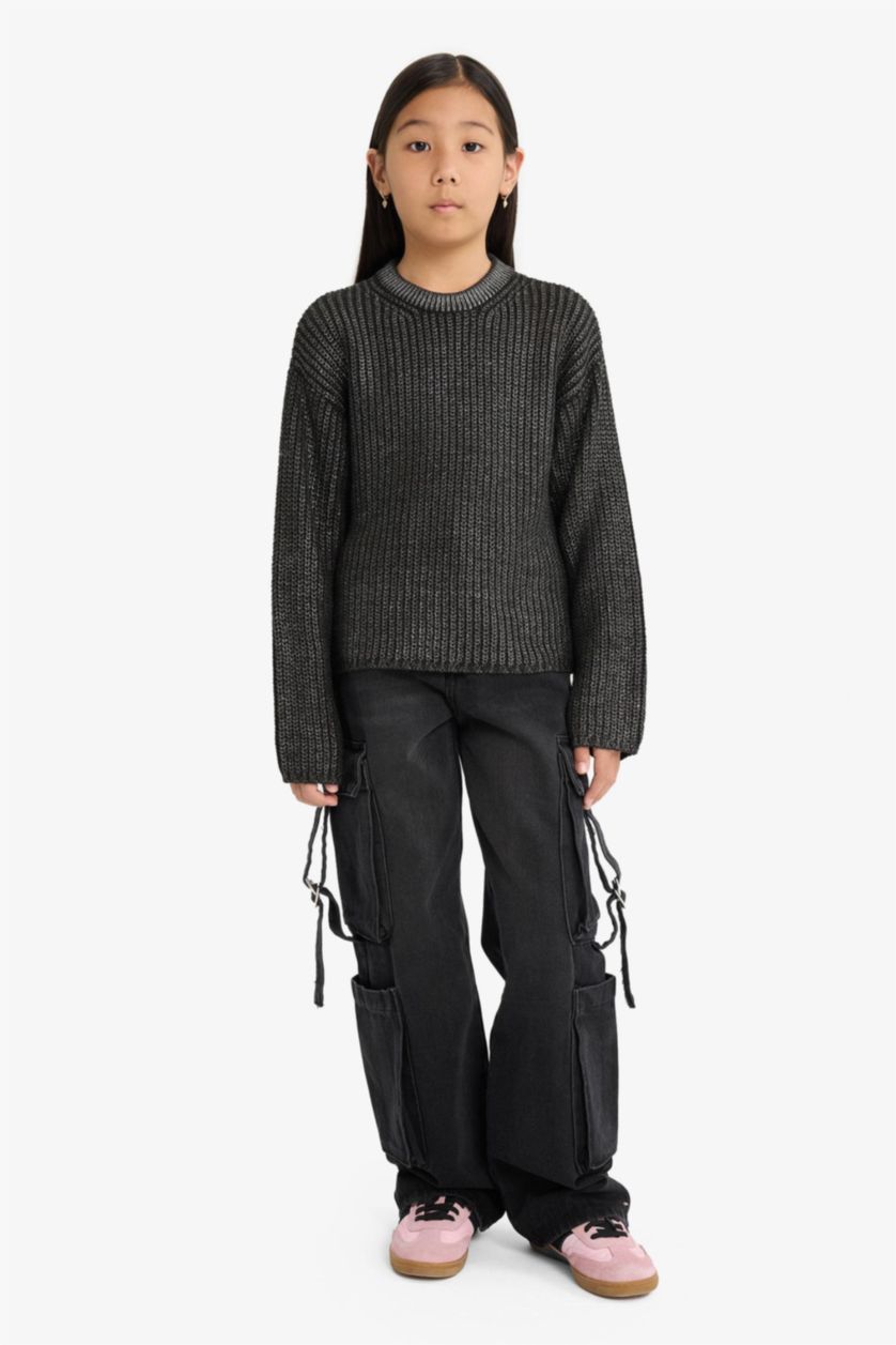 بنات رمادي بلوز صوف بناتي قصة عادية بياخة مستديرة