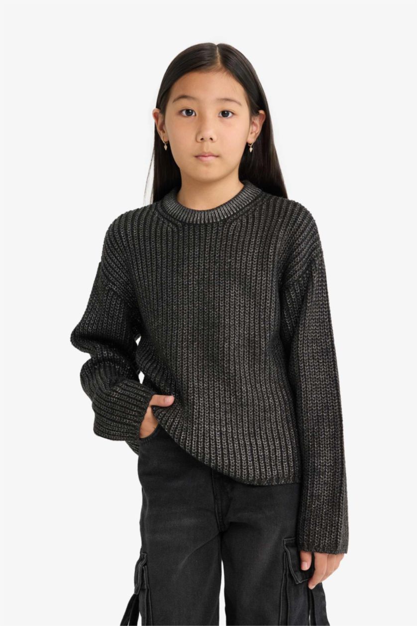 بنات رمادي بلوز صوف بناتي قصة عادية بياخة مستديرة