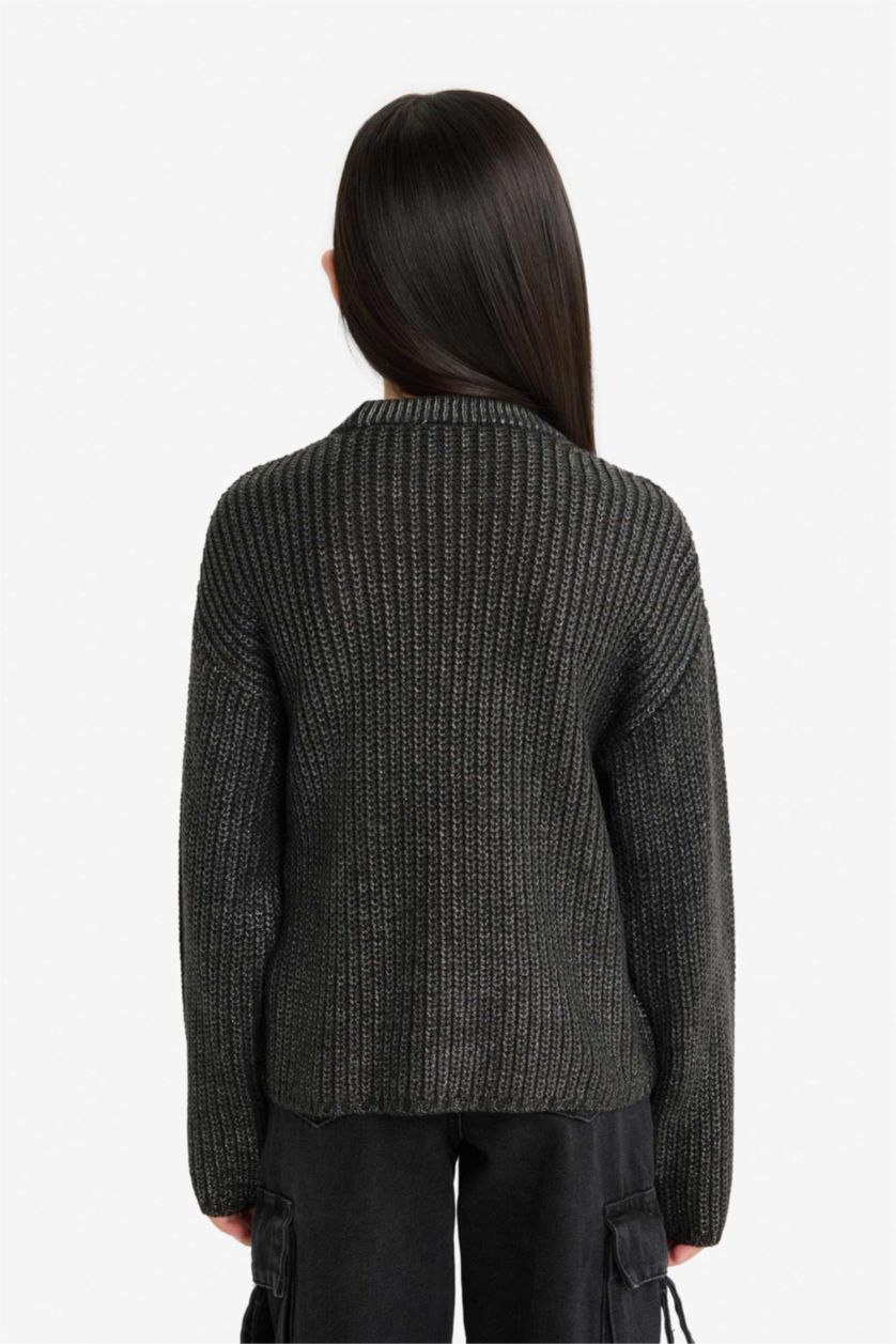 بنات رمادي بلوز صوف بناتي قصة عادية بياخة مستديرة