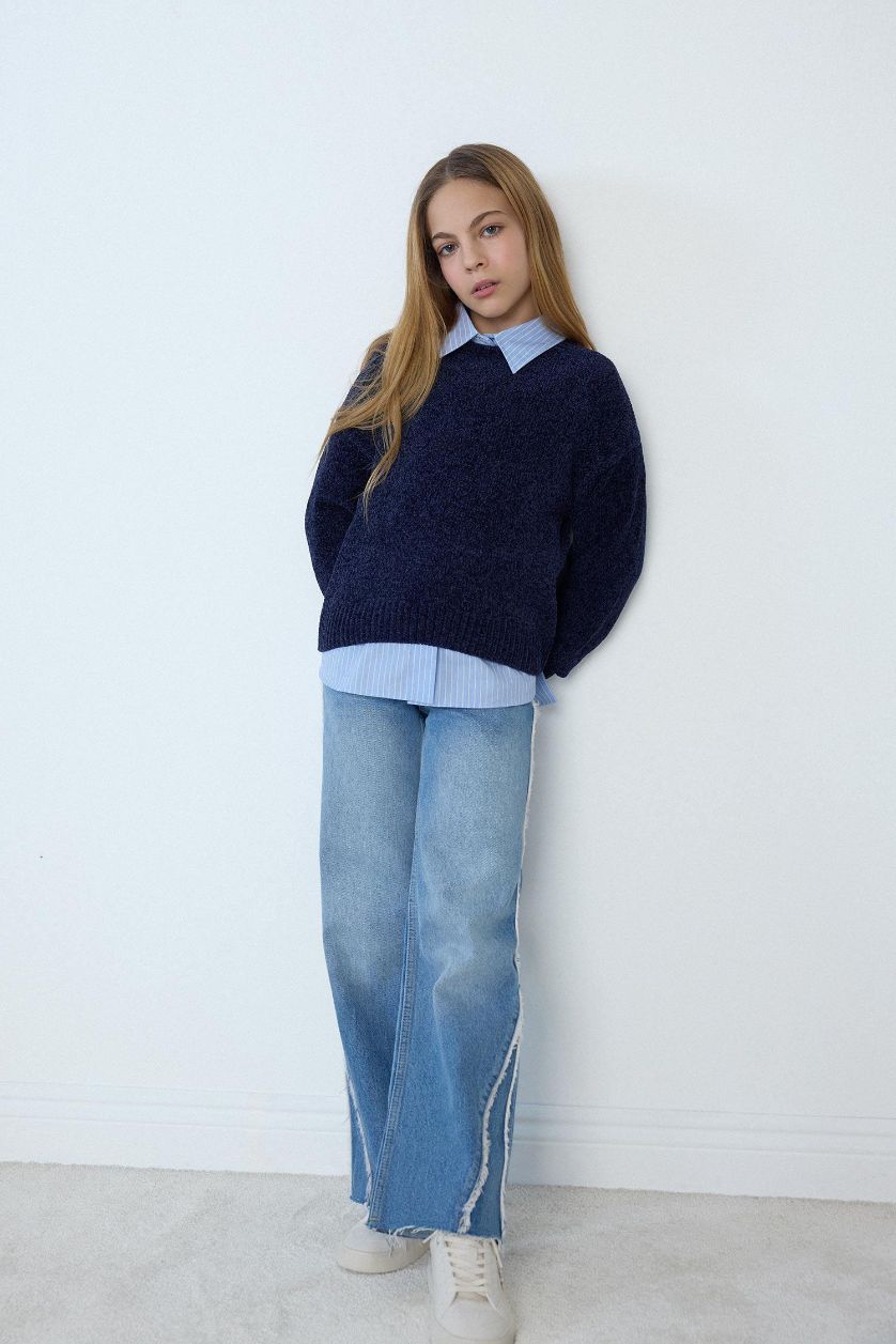 Kız Çocuk - Genç Kız Lacivert Bisiklet Yaka Şönil Triko Kazak Kız Çocuk