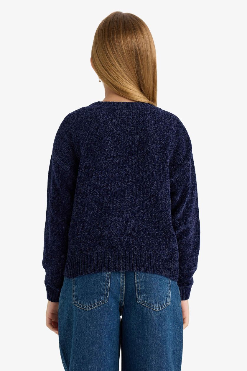 Kız Çocuk - Genç Kız Lacivert Bisiklet Yaka Şönil Triko Kazak Kız Çocuk