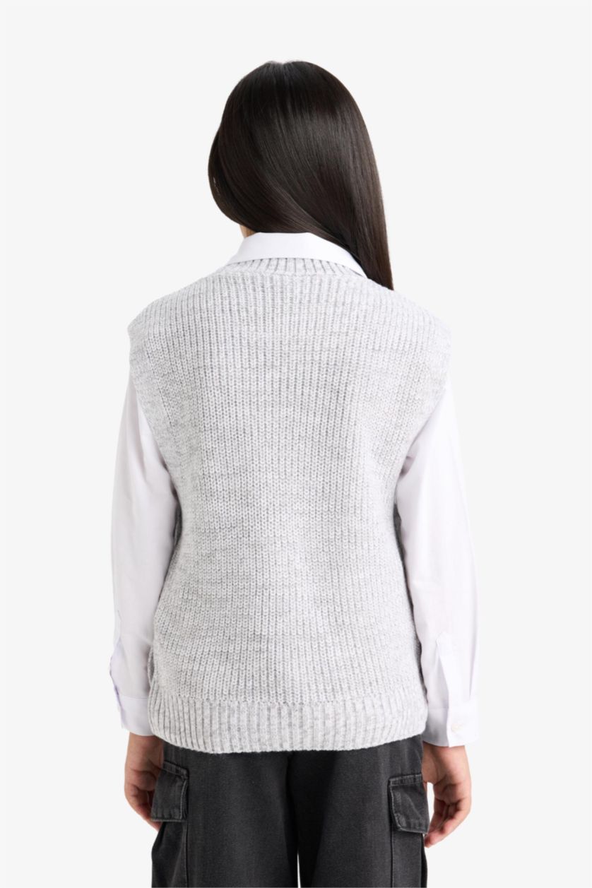 Kız Çocuk - Genç Kız Açık Gri Melange Bisiklet Yaka Triko Süveter Kız Çocuk