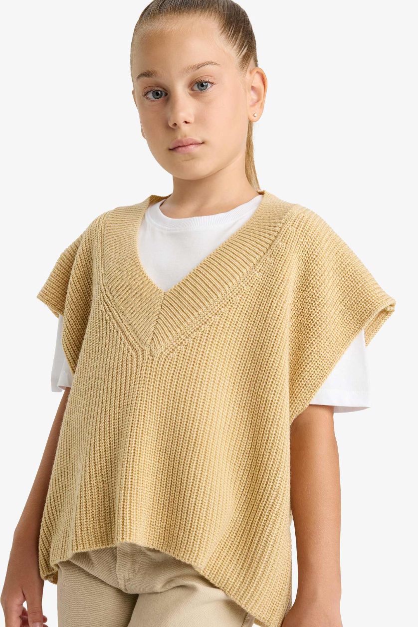 Kız Çocuk - Genç Kız Vizon Oversize Geniş Kalıp V Yaka Triko Süveter Kız Çocuk