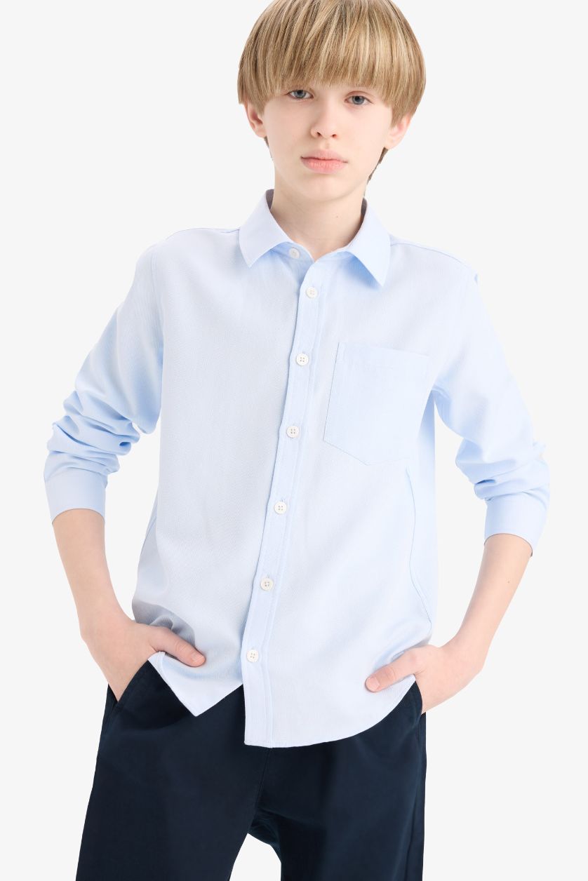Erkek Çocuk - Genç Erkek Açık Mavi Polo Yaka Oxford Uzun Kollu Gömlek Erkek Çocuk