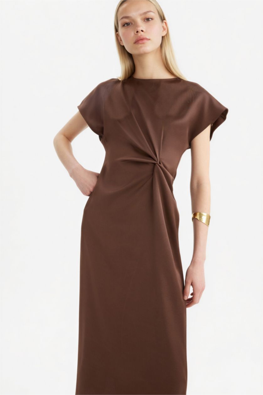 Kadın Kahve Saten Midi Elbise