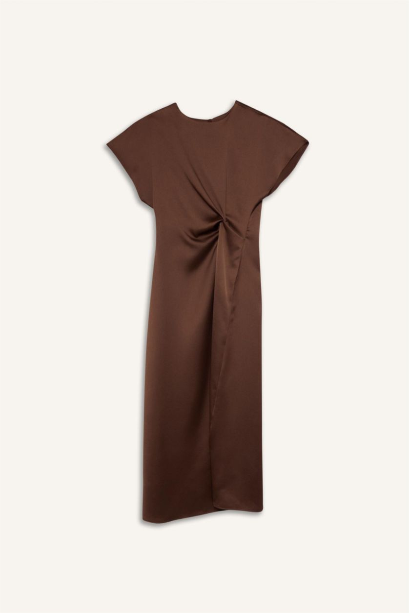 Kadın Kahve Saten Midi Elbise