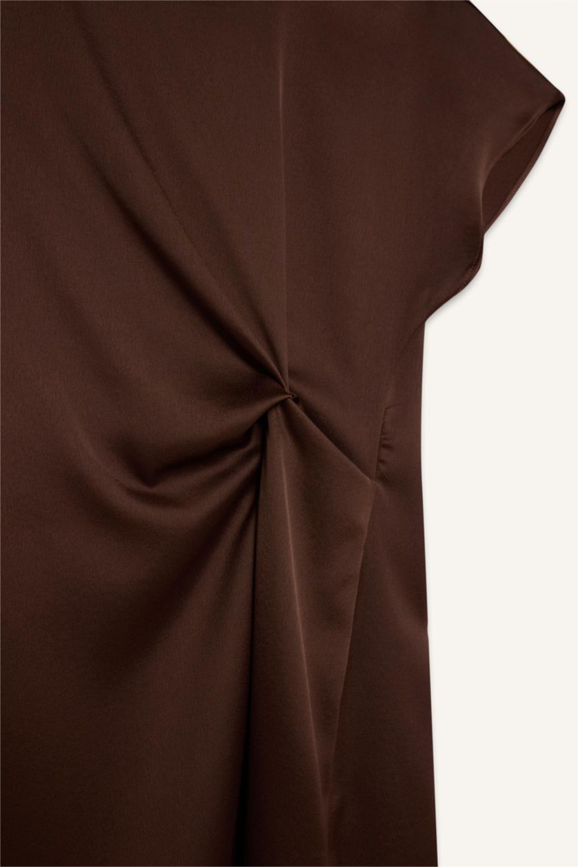 Kadın Kahve Saten Midi Elbise