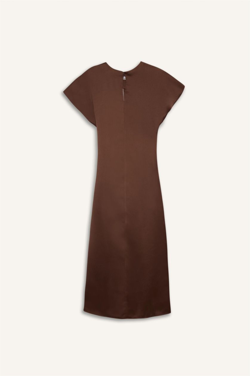 Kadın Kahve Saten Midi Elbise