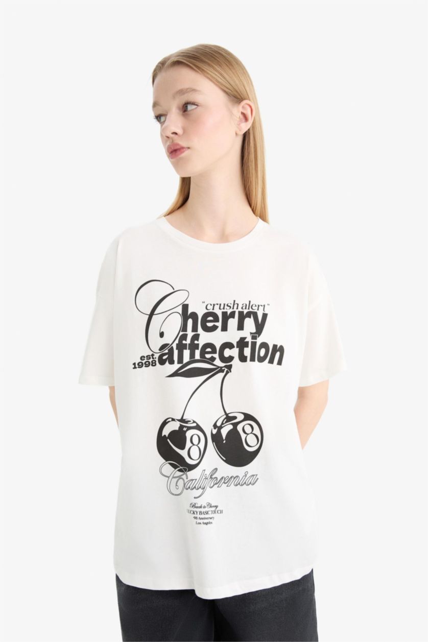 Kadın Kırık Beyaz Oversize Geniş Kalıp Bisiklet Yaka Baskılı Kısa Kollu Tişört