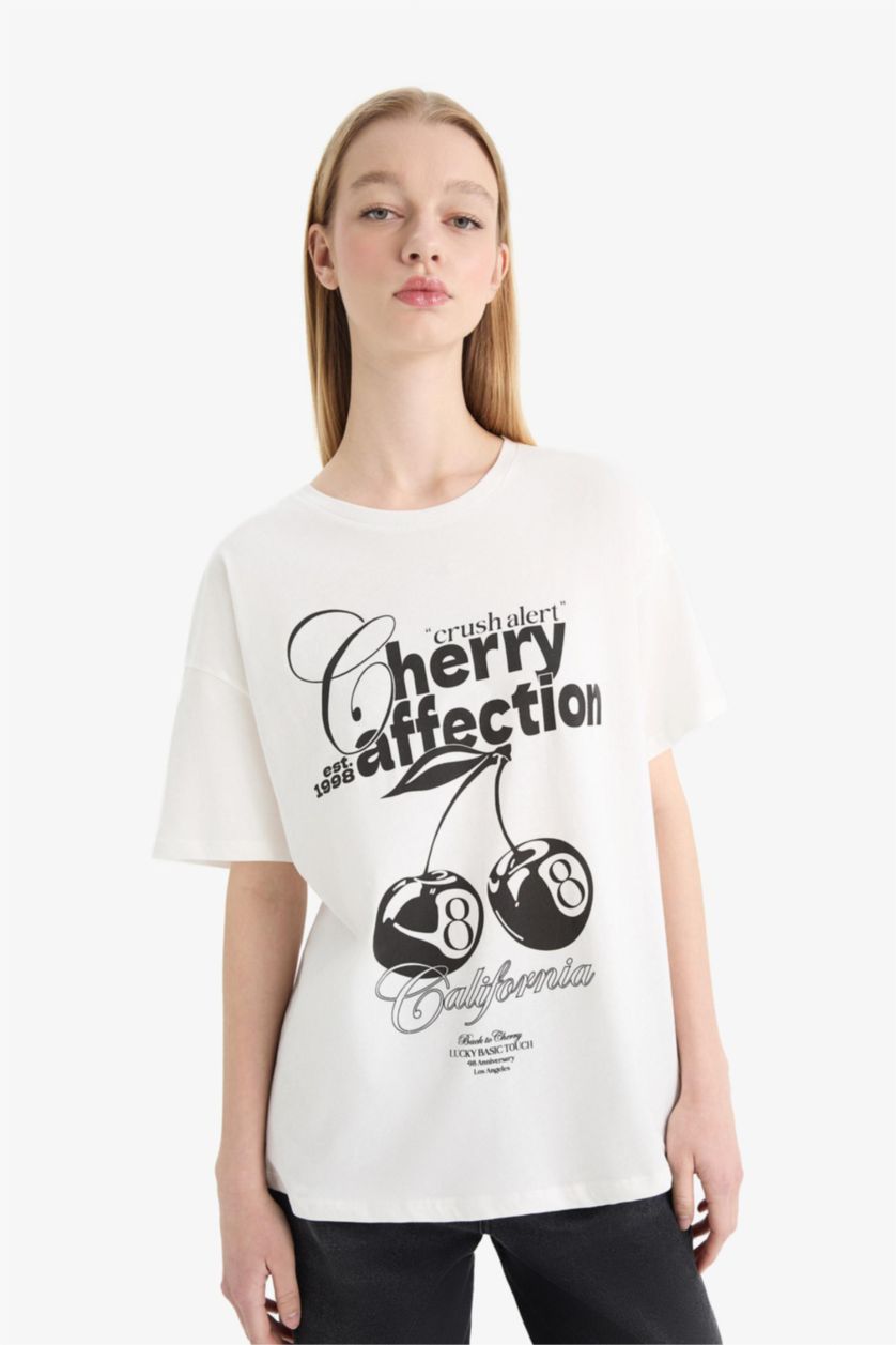 Kadın Kırık Beyaz Oversize Geniş Kalıp Bisiklet Yaka Baskılı Kısa Kollu Tişört