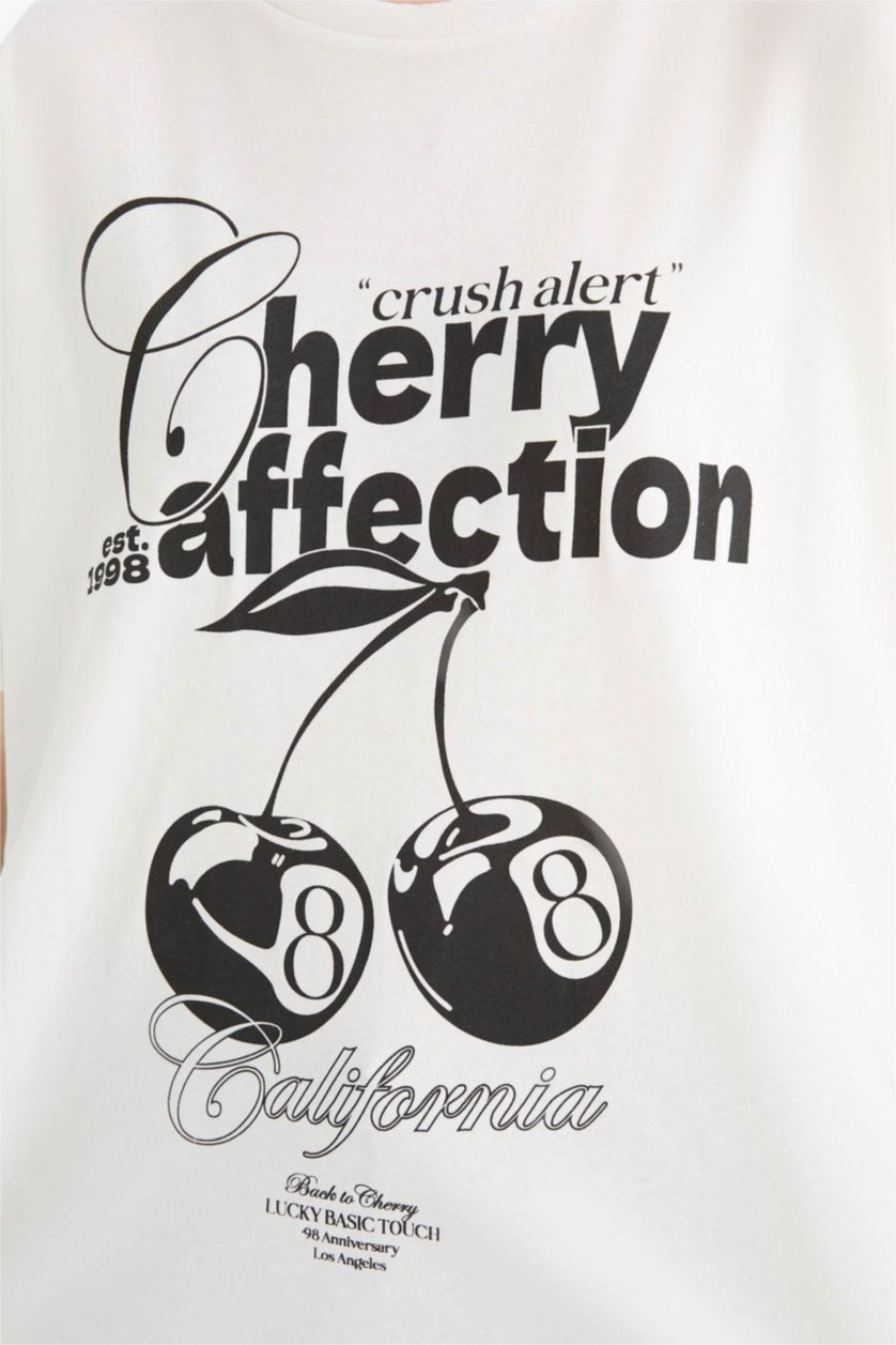 Kadın Kırık Beyaz Oversize Geniş Kalıp Bisiklet Yaka Baskılı Kısa Kollu Tişört