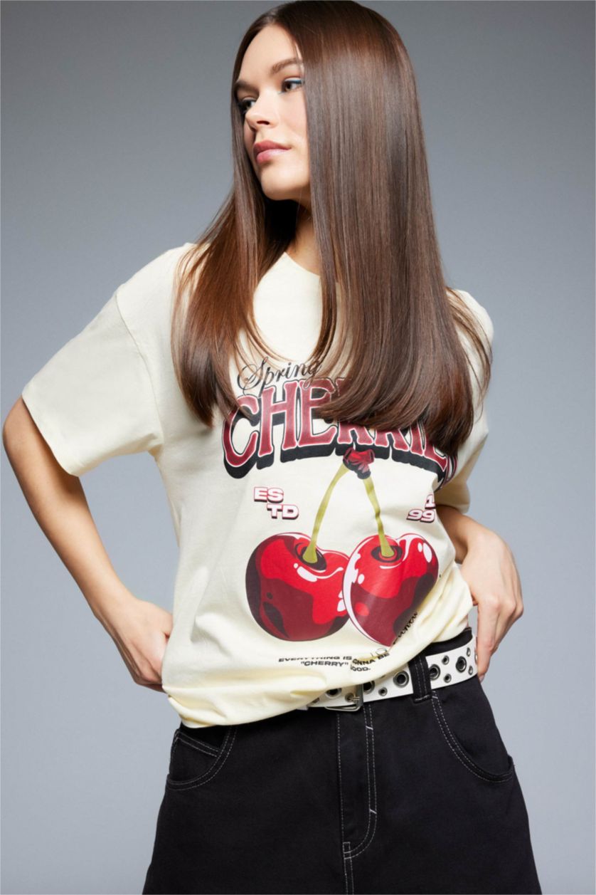 Woman Sand Oversize Fit Crew Neck Cherry Printed T-Shirt