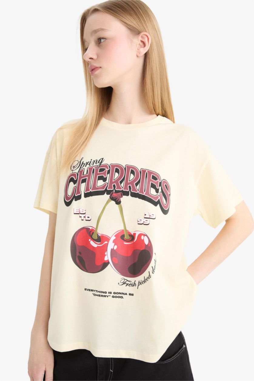 Woman Sand Oversize Fit Crew Neck Cherry Printed T-Shirt