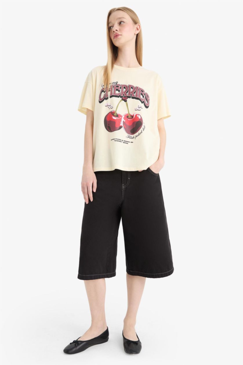 Woman Sand Oversize Fit Crew Neck Cherry Printed T-Shirt