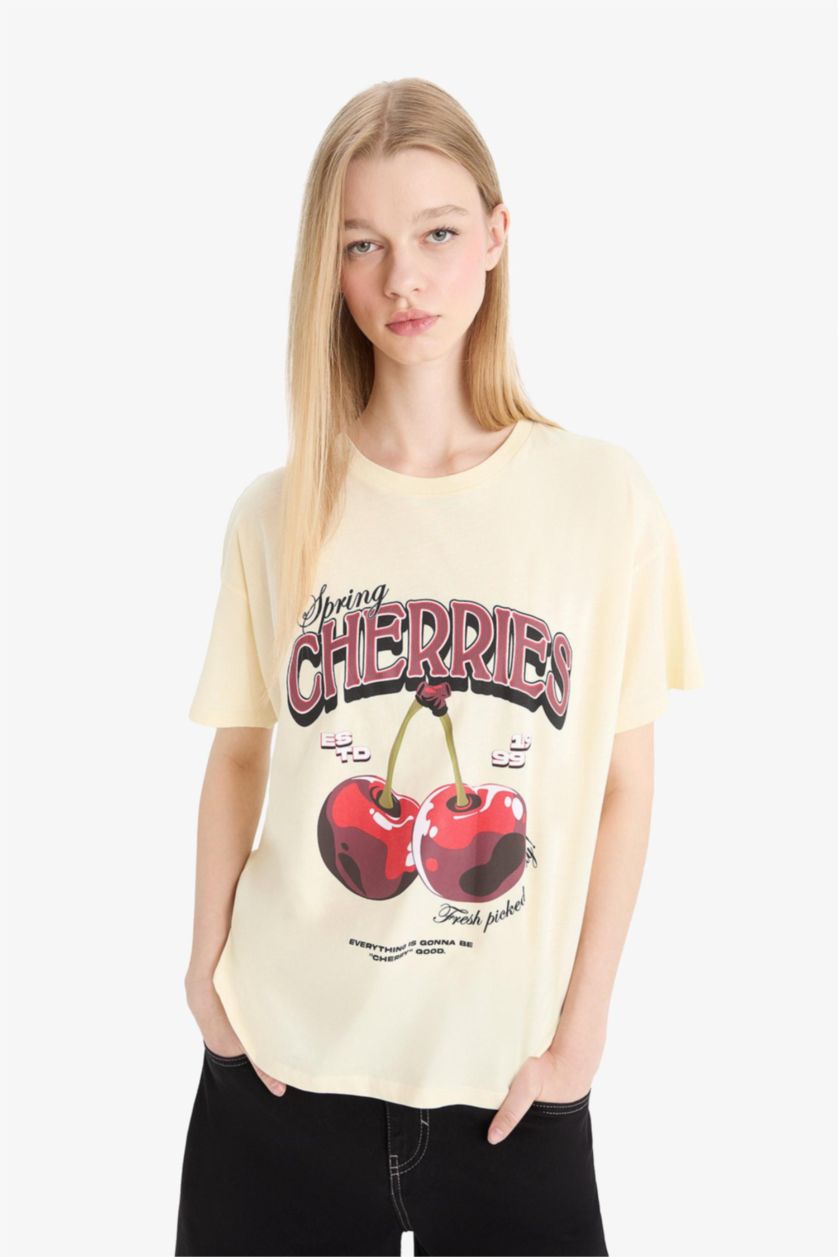 Woman Sand Oversize Fit Crew Neck Cherry Printed T-Shirt