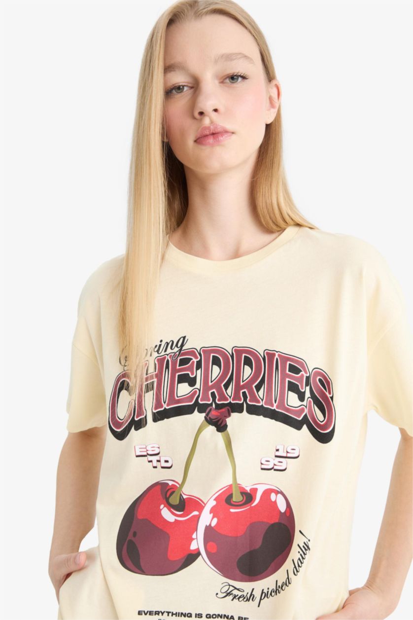 Woman Sand Oversize Fit Crew Neck Cherry Printed T-Shirt