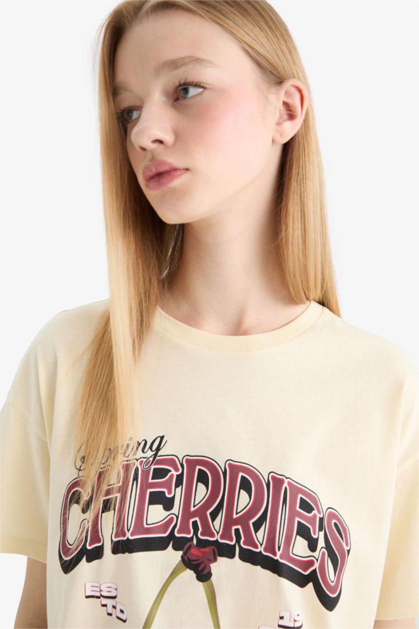 Woman Sand Oversize Fit Crew Neck Cherry Printed T-Shirt