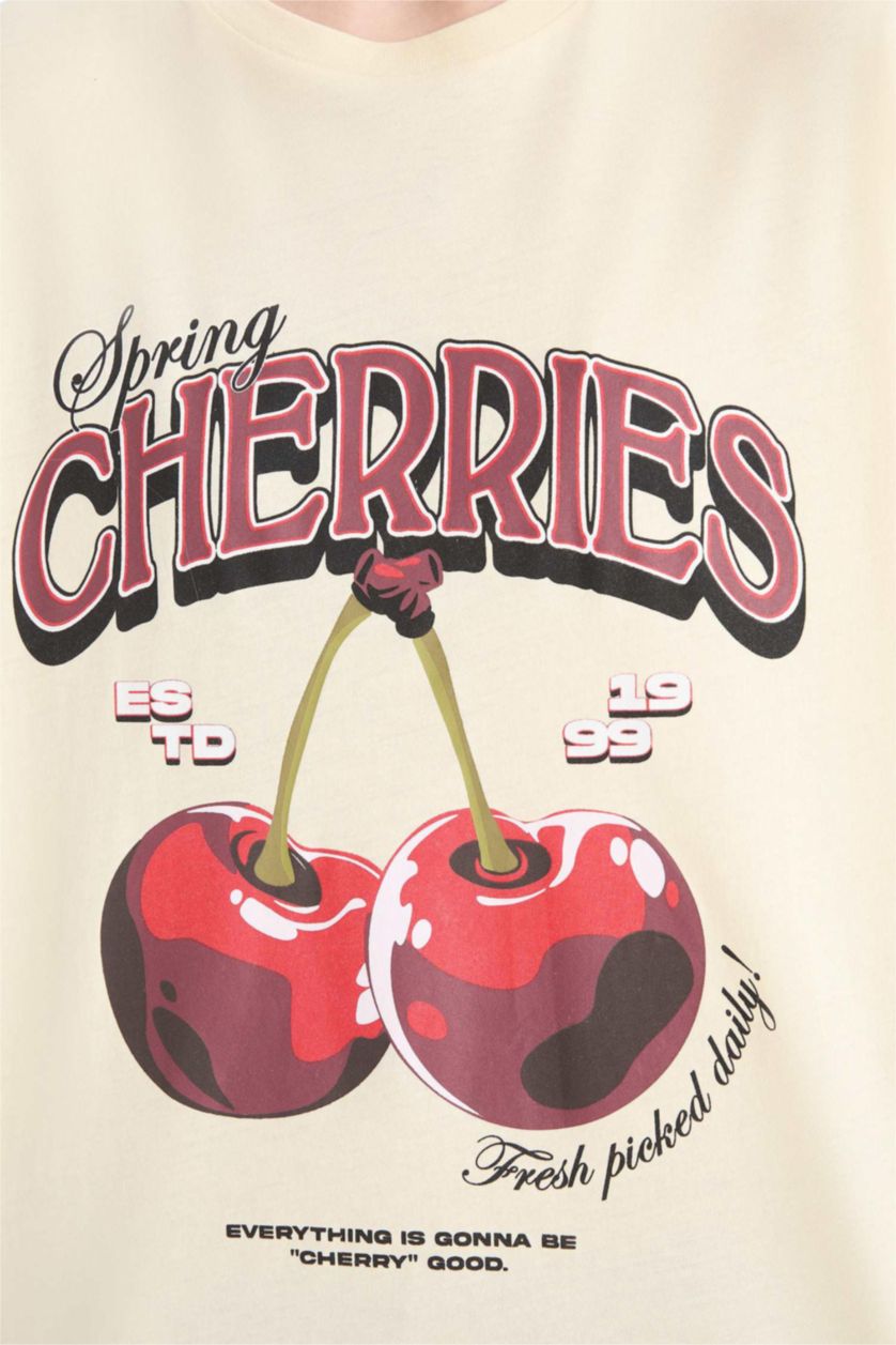 Woman Sand Oversize Fit Crew Neck Cherry Printed T-Shirt