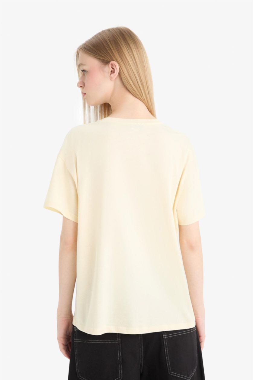 Woman Sand Oversize Fit Crew Neck Cherry Printed T-Shirt