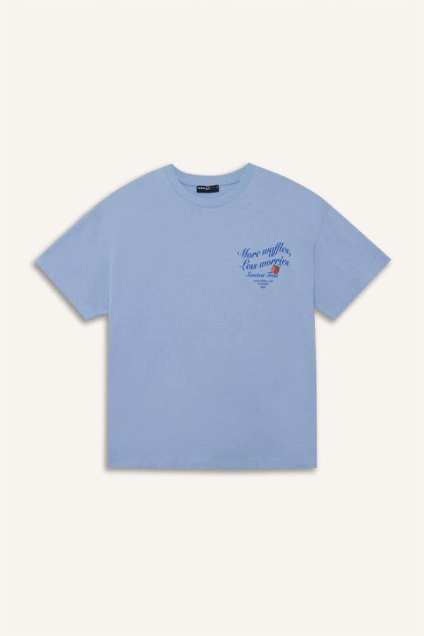 Kadın Mavi Oversize Geniş Kalıp Bisiklet Yaka Sırt Baskılı Kısa Kollu Tişört