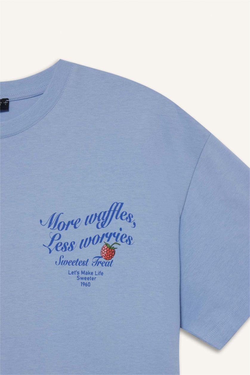 Kadın Mavi Oversize Geniş Kalıp Bisiklet Yaka Sırt Baskılı Kısa Kollu Tişört