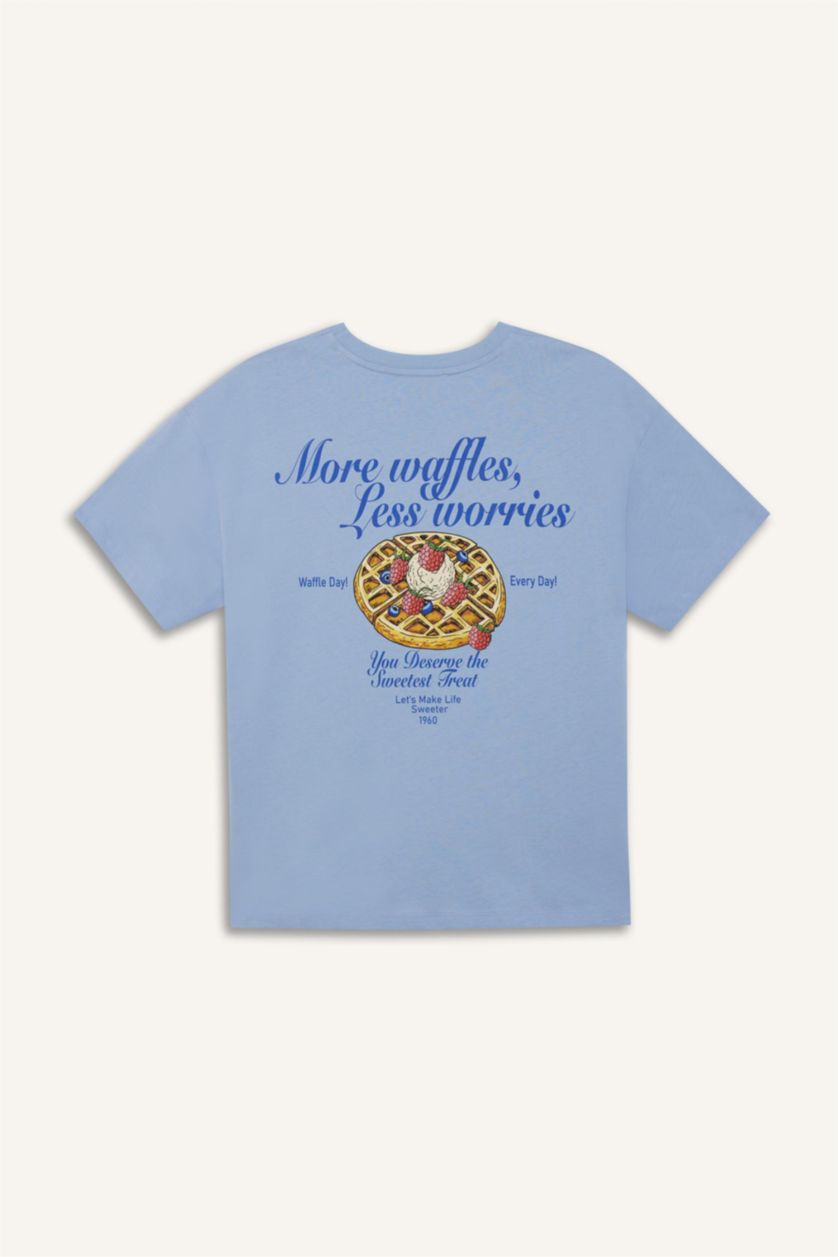 Kadın Mavi Oversize Geniş Kalıp Bisiklet Yaka Sırt Baskılı Kısa Kollu Tişört