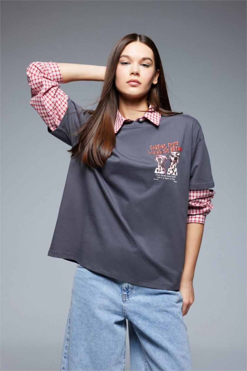 Woman Anthracite Oversize Fit Crew Neck Back Printed T-Shirt