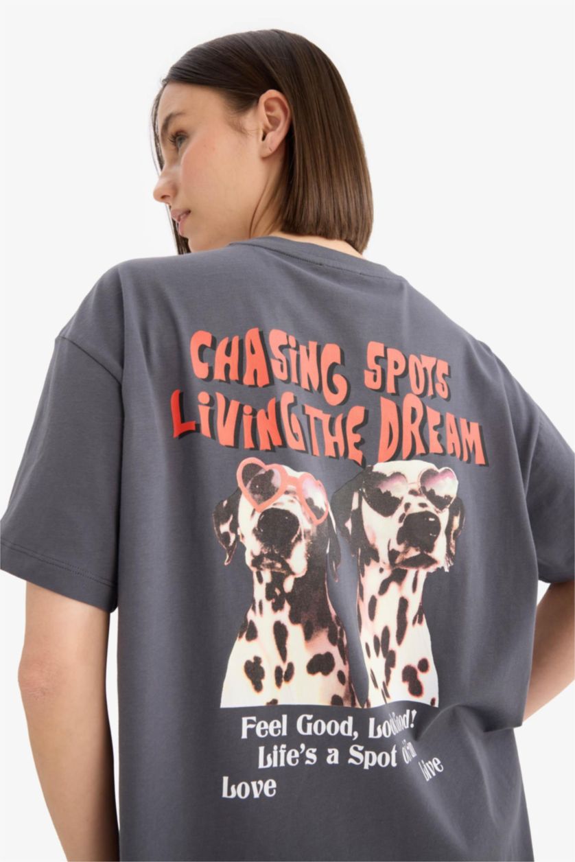 Woman Anthracite Oversize Fit Crew Neck Back Printed T-Shirt