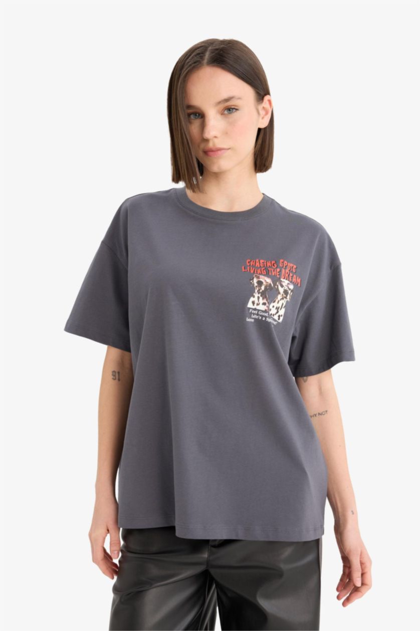 Woman Anthracite Oversize Fit Crew Neck Back Printed T-Shirt