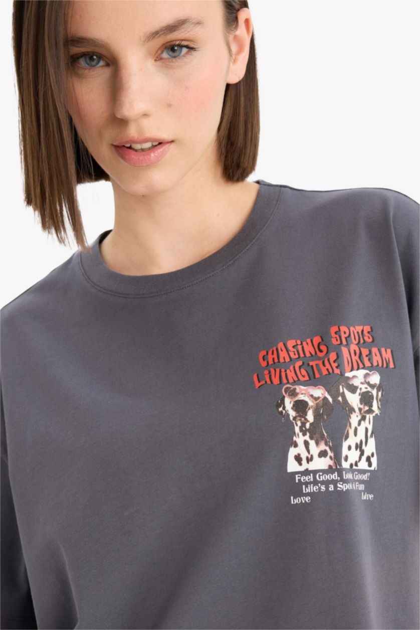 Woman Anthracite Oversize Fit Crew Neck Back Printed T-Shirt