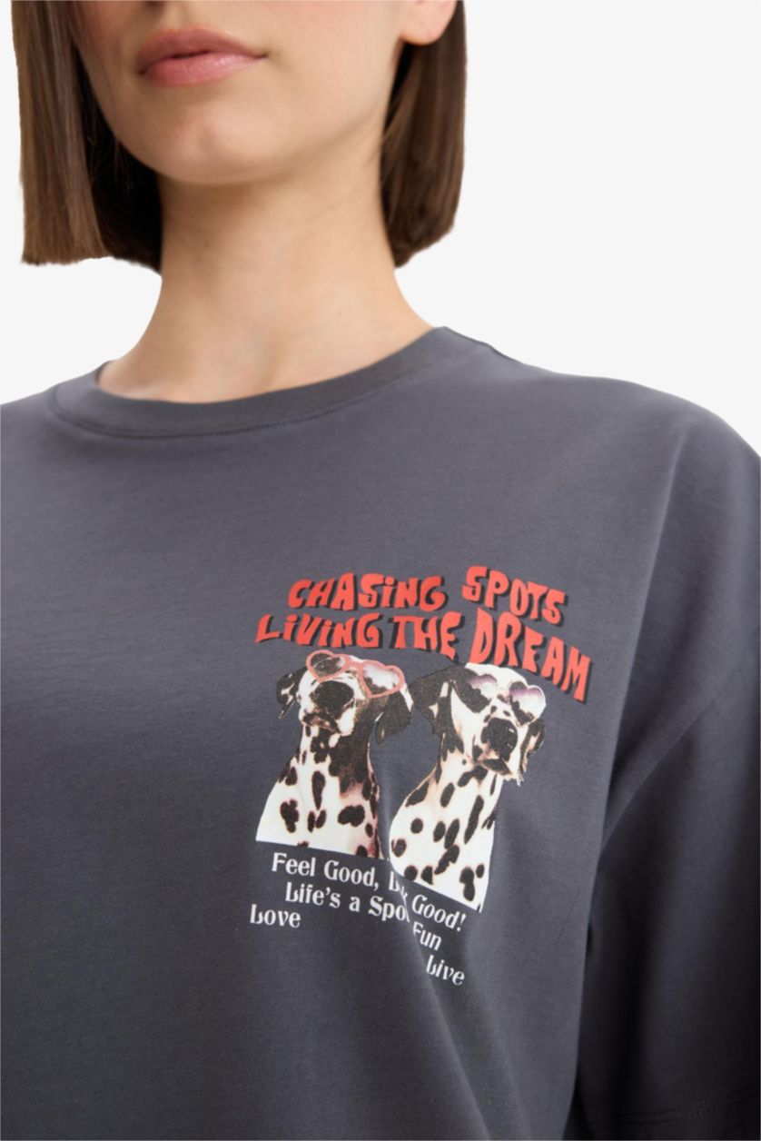 Woman Anthracite Oversize Fit Crew Neck Back Printed T-Shirt