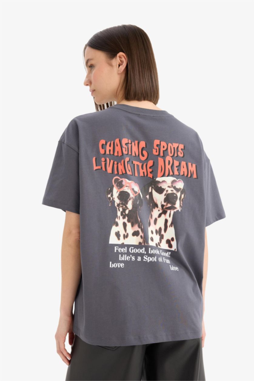 Woman Anthracite Oversize Fit Crew Neck Back Printed T-Shirt