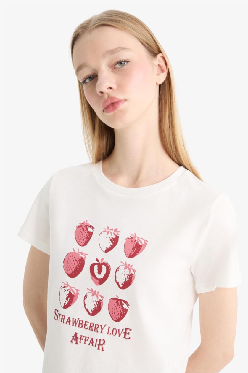 Kadın Kırık Beyaz %100 Pamuk Regular Fıt Baskılı Tişört