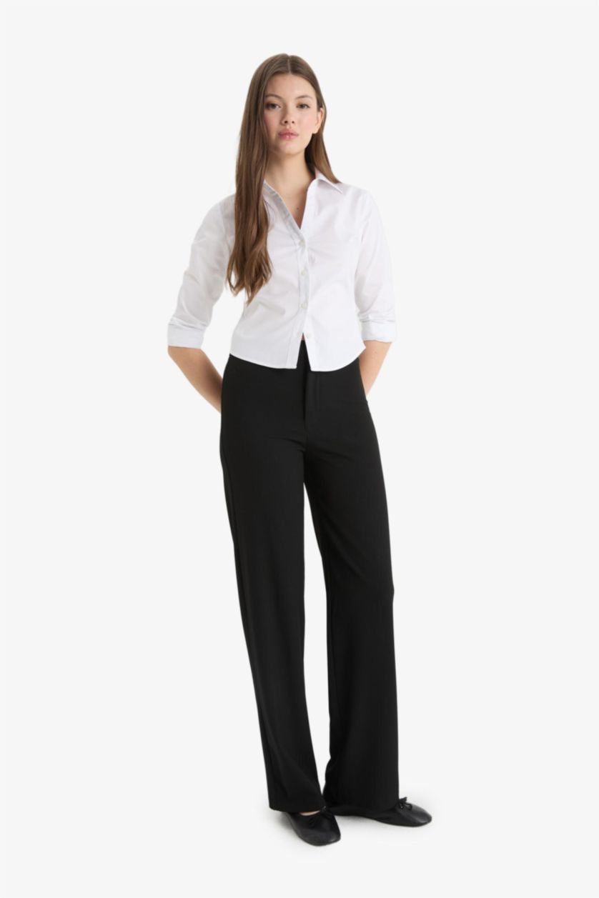 Kadın Siyah Wide Leg Normal Bel Basic Düz Standart Boy Pantolon