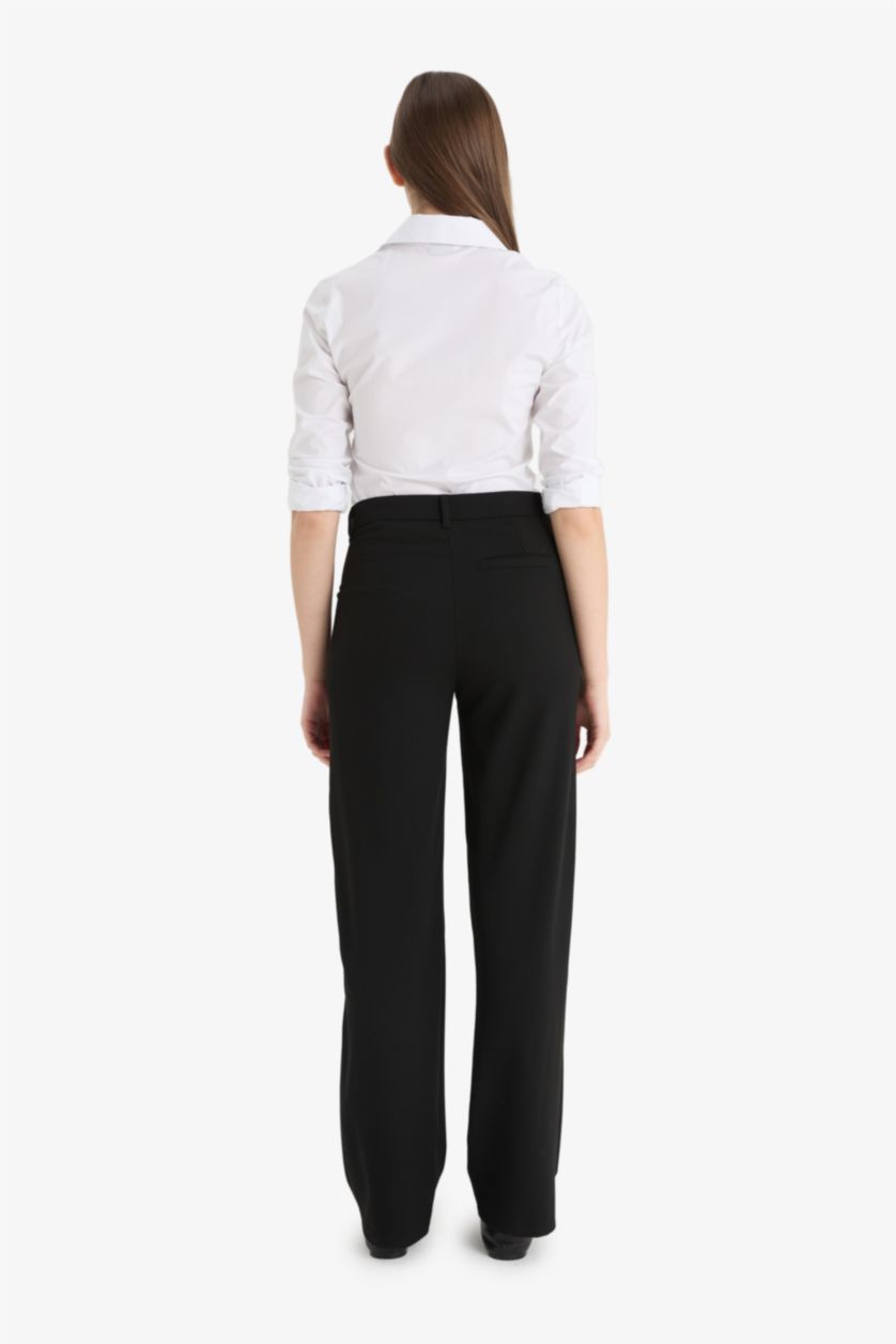 Kadın Siyah Wide Leg Normal Bel Basic Düz Standart Boy Pantolon