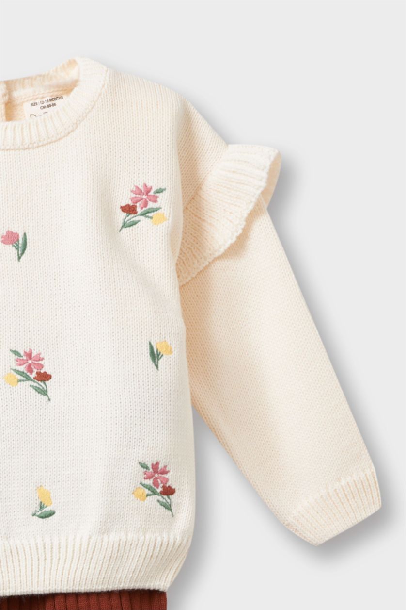 Kız Bebek Ekru 2'li Takım Çiçekli Desenli Sweatshirt Tayt Kız Bebek